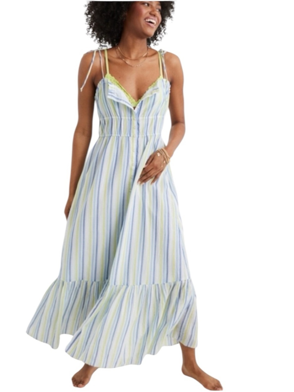 Aerie White Purple Green Striped Tie Strap Button Front Gauze Maxi Dress Medium